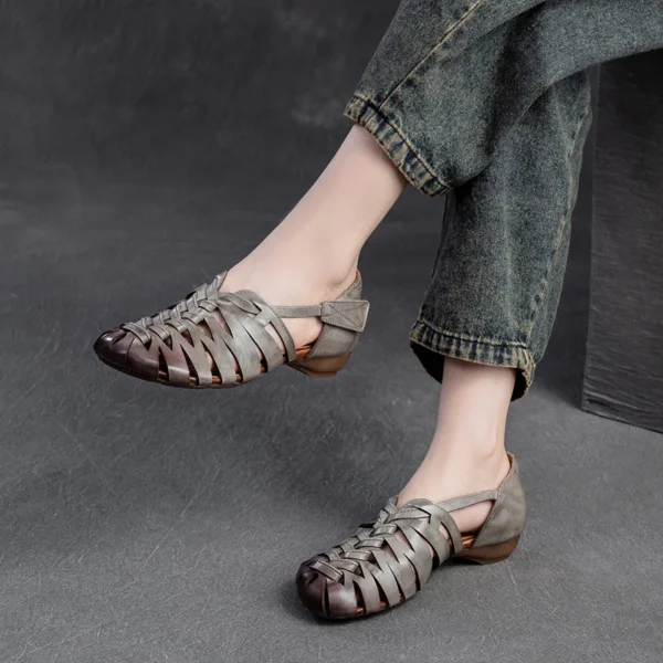 2cm Sandas Weave Genuine Leather Rubber Women Boots Retro Hollow Ankle Hook Flats Breathable Chunky Heels Summer Shoes - Image 2