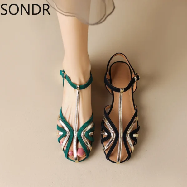 Womens Thong Toe T Straps Genuine Leather Sandals Match Colors Cut Out Summer Gladiator Low Heel Slingbacks Shoes New 2024