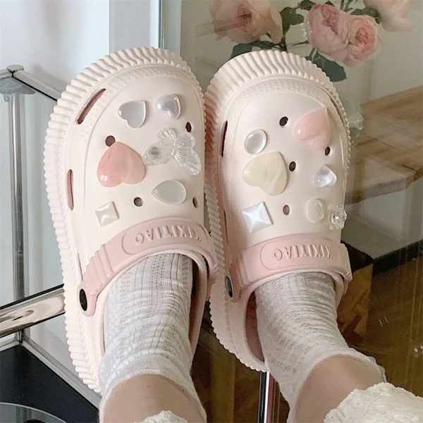 2023 Summer New EVA Thick Sole Perforated Shoes for Women Wearing Elevated Soft Sole DIY Love Solid Color Two Wear Home Slippers - Image 2