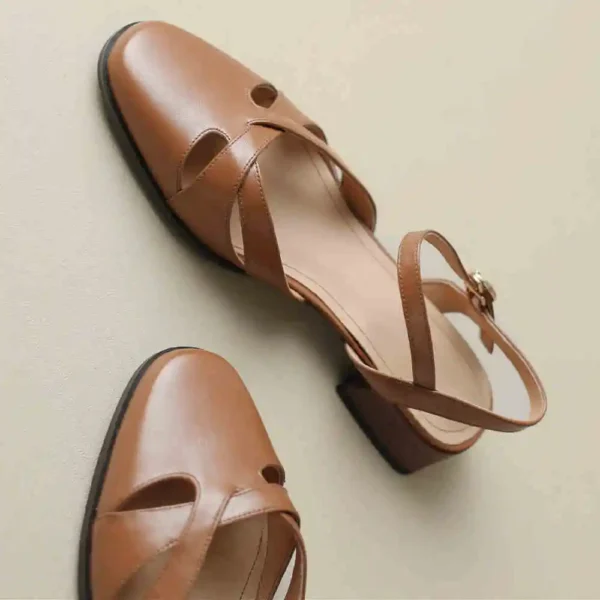 Women's sandals summer 2023 cow leather round toe ankle strap flats sandals british style hollow-out narrow band summer  shoes - Image 3