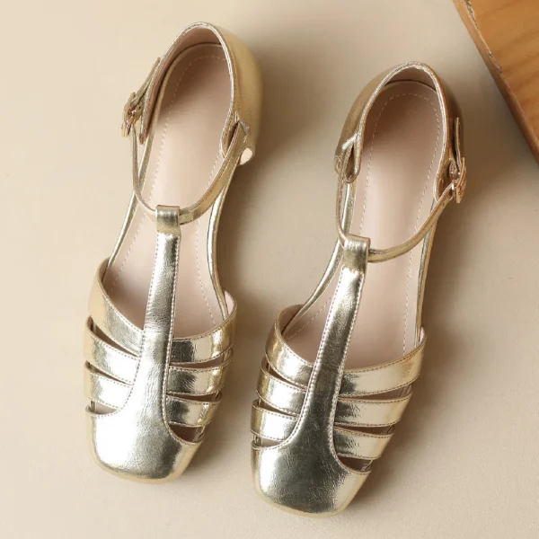 Women's summer sandals genuine leather narrow band hollow-out summer t-strap sandals square toe casual female silver gold shoes - Image 4