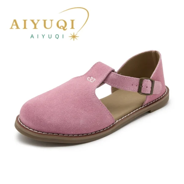 AIYUQI flat-soled retro frosted genuine leather women's sandals 2024 new hollow women's shoes Roman Baotou sandals for women - Image 3