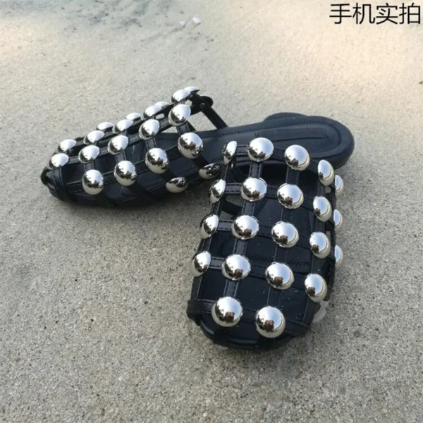 2022 Women Flats Silver Big Rivets and Pearls Decoration Rounded Toe Grid Hollow Summer Leisure Beach Sandals Shoes Size 34-41 - Image 8