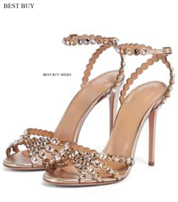 Women's green Silver peep toe Thin High Heel Rhinestone Sandals Embellished Ankle Strap Strappy Party Dress designer sandals - Image 9