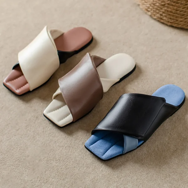 2023 New Genuine Leather Mules Women Slippers Square Low Heels Slippers Ladies Knot Summer Dress Shoes Women