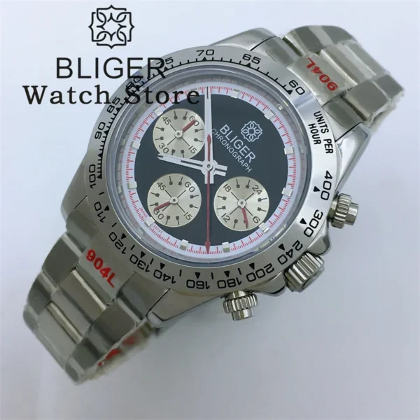 BLIGER Sport 39mm Chronograph Multifunction Quartz Watch For Men VK63 Movement White Dial Stainless Steel Strap Montre homme - Image 3