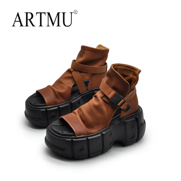 Artmu Flat Platform Sandals For Women Buckle High Top Thick Heel Slides Genuine Leather 11cm Super Hight Heel Beach Sandals Boot