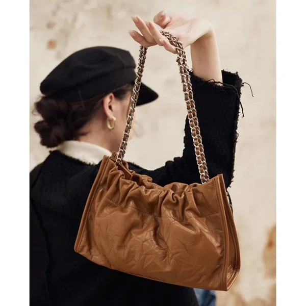 ZR DIARY Metal Chain Underarm Bag Women Split Leather Pleated Handbag Female Trendy Shoulder Crossbody bag  9178 - Image 4