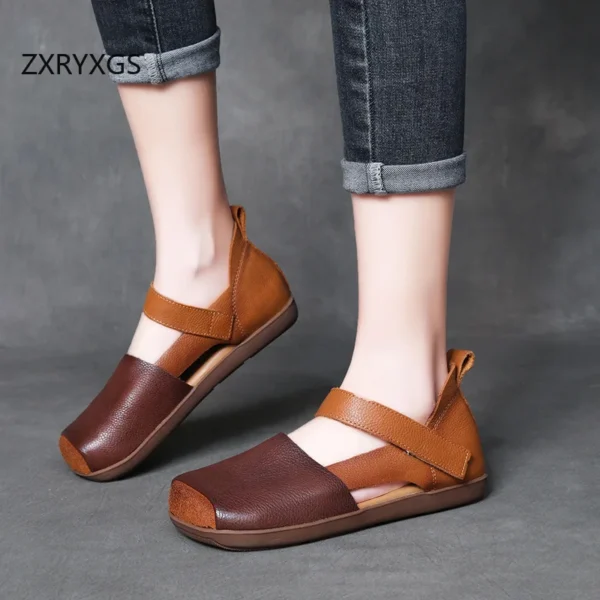 ZXRYXGS 2024 Superior Genuine Leather Splicing Spell Color Square Toe Sandals Roman Shoes Flat Comfortable Women Fashion Sandals - Image 5