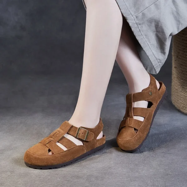 DRKANOL 2024 Summer Sandals Women Quality Cow Suede Leather Back Strap Slingback Shoes Comfort Flat Casual Roman Sandals Female - Image 3