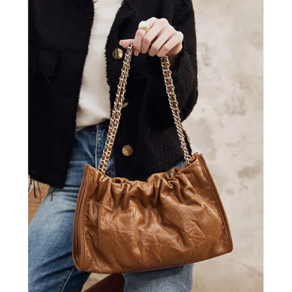 ZR DIARY Metal Chain Underarm Bag Women Split Leather Pleated Handbag Female Trendy Shoulder Crossbody bag  9178 - Image 5