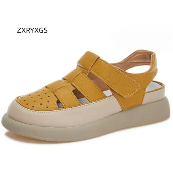 ZXRYXGS Round Toe Summer Real Leather Shoes Roman Sandals 2023 Elegant Comfort Flat Thick Sole Shoes Casual Sandals Plus Size 43