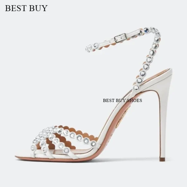 Women's green Silver peep toe Thin High Heel Rhinestone Sandals Embellished Ankle Strap Strappy Party Dress designer sandals - Image 25