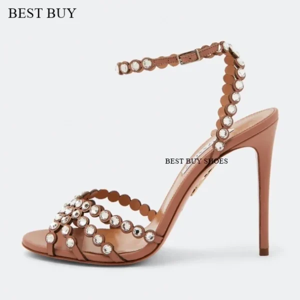 Women's green Silver peep toe Thin High Heel Rhinestone Sandals Embellished Ankle Strap Strappy Party Dress designer sandals - Image 24