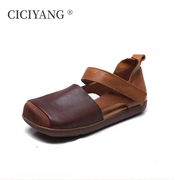 CICIYANG Retro Flat Summer Sandals Women Genuine Cowhide Leather 2024 New Ladies Hollow Out Anti Slip Mary Jane Shoes Sandals