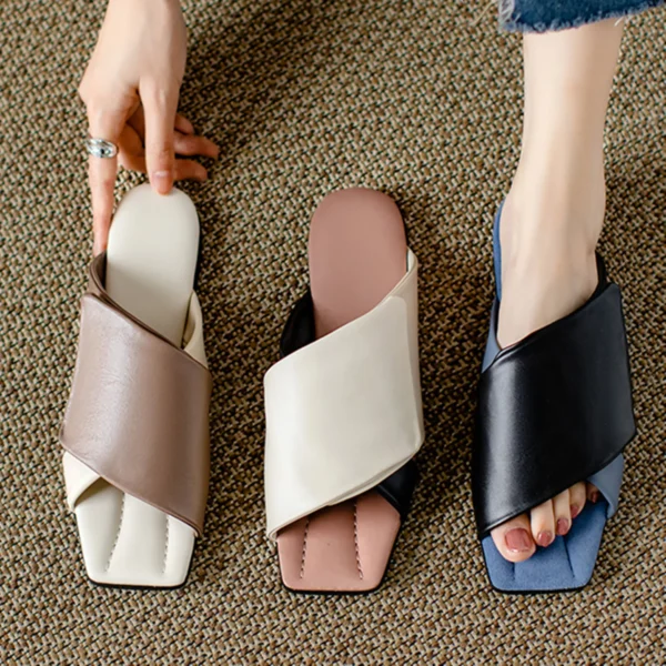 2023 New Genuine Leather Mules Women Slippers Square Low Heels Slippers Ladies Knot Summer Dress Shoes Women - Image 2