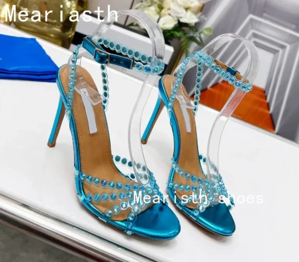 2023 Crystal Narrow Band Luxury Deisgner Sandals Women New Open Toe Thin High Heels Slingback Sexy Fashion Party Shoes For Women - Image 12