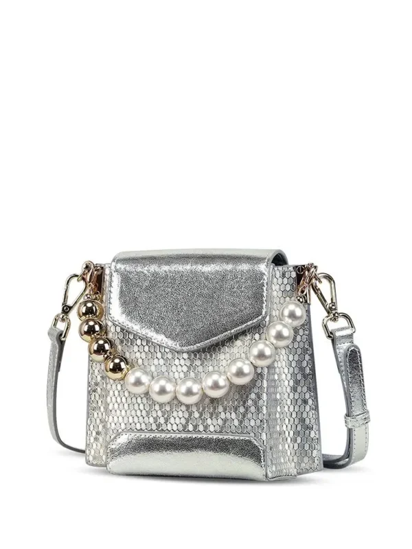 Women's Handbag Silver Sequin Pearl Chain New Luxury Brand Design Leather Texture Mesh Personalized Fashion Banquet Shoulder Bag - Image 2