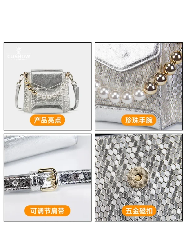 Women's Handbag Silver Sequin Pearl Chain New Luxury Brand Design Leather Texture Mesh Personalized Fashion Banquet Shoulder Bag - Image 4