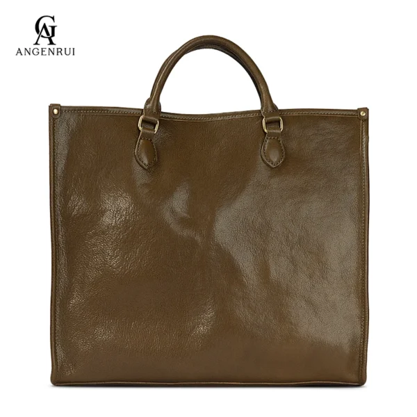 ANGENGRUI New Genuine Leather One Shoulder Handbag Commuter Large Bag Vegetable tanning Cowhide Large Capacity Handheld Tote Bag - Image 10