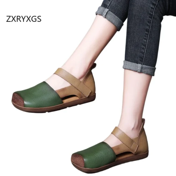 ZXRYXGS 2024 Superior Genuine Leather Splicing Spell Color Square Toe Sandals Roman Shoes Flat Comfortable Women Fashion Sandals - Image 6