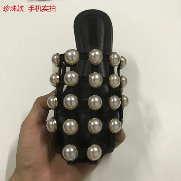 2022 Women Flats Silver Big Rivets and Pearls Decoration Rounded Toe Grid Hollow Summer Leisure Beach Sandals Shoes Size 34-41 - Image 7