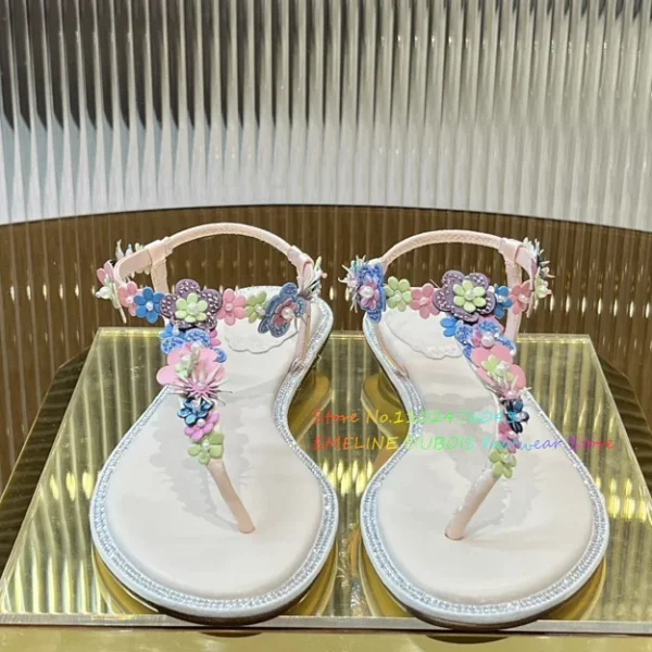 2024 New Bohemian Rhinestone Flower Beach Sandals For Women Summer Genuine Leather Pinch Toe Flat Shoes For Vacation Size43