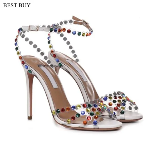 Women's green Silver peep toe Thin High Heel Rhinestone Sandals Embellished Ankle Strap Strappy Party Dress designer sandals - Image 21