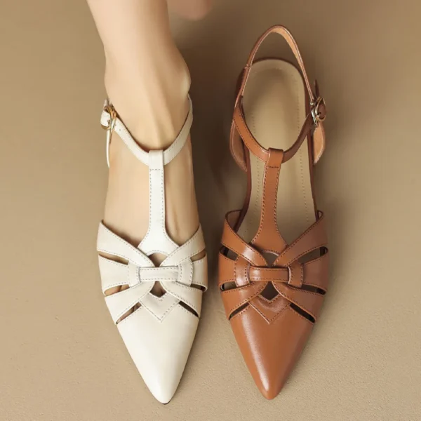 Women's british style narrow bannd braided pointed toe t-strap flats sandals hollow-out casual female summer daily shoes women