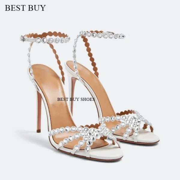 Women's green Silver peep toe Thin High Heel Rhinestone Sandals Embellished Ankle Strap Strappy Party Dress designer sandals - Image 16