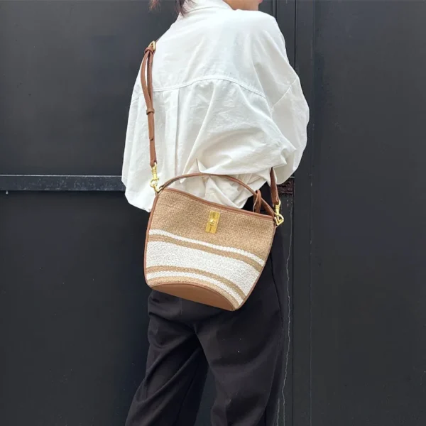 2024 new lazy pastoral mood crossbody shoulder hand-held contrasting leather woven vegetable basket bucket bag - Image 7