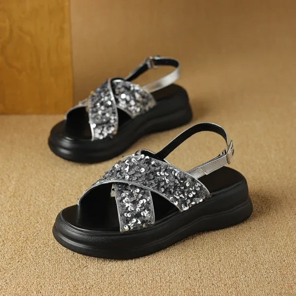 2024 Summer Sandals plus size 22-26.5cm  Sequin cloth+ microfiber back buckle cross-strap platform Women's Shoes Chinese style - Image 3