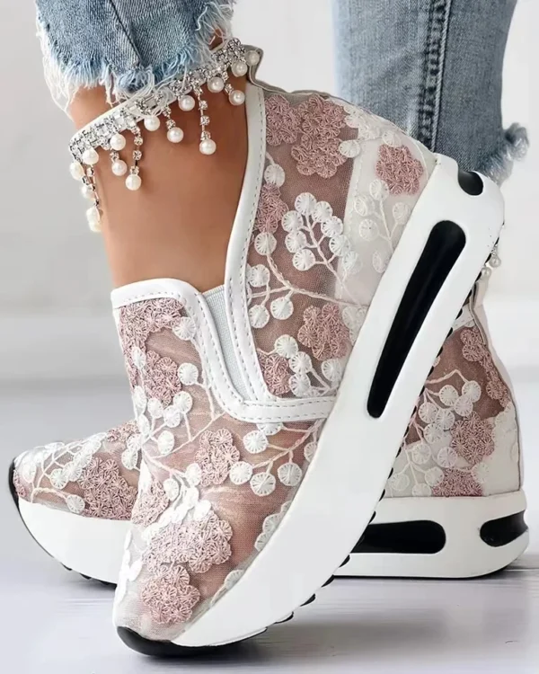 Women's Sneakers Floral Embroidery Mesh Sneakers for Women Slip on Casual Comfy Heeled Shoes Woman - Image 15