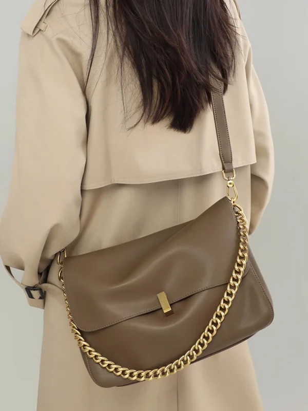 2024 New Niche Simple Shoulder Bag Leather Chain Bag Versatile Real Leather Women's Bag - Image 3