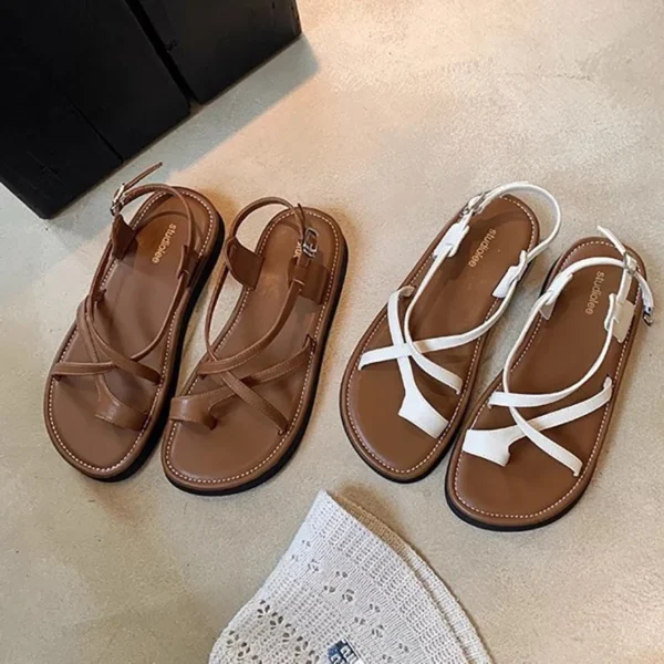 Cross Buckle Strap Real Leather Sandals Set Toe Soft Sole Roman Style Beach Thick Soled Flat Sandals Women - Image 3