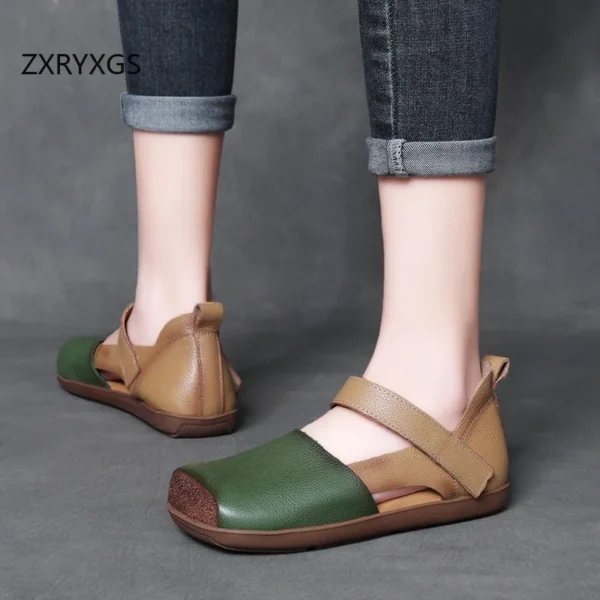 ZXRYXGS 2024 Superior Genuine Leather Splicing Spell Color Square Toe Sandals Roman Shoes Flat Comfortable Women Fashion Sandals - Image 4