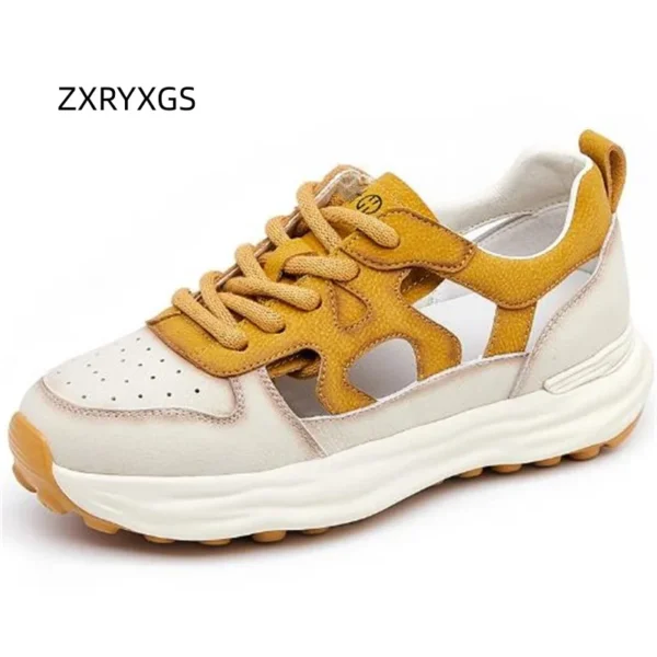 ZXRYXGS 2024 Popular Round Toe Lace-up Hollow Breathable Sneakers Sandals Flat Thick Sole Light Comfortable Women Trend Sandals