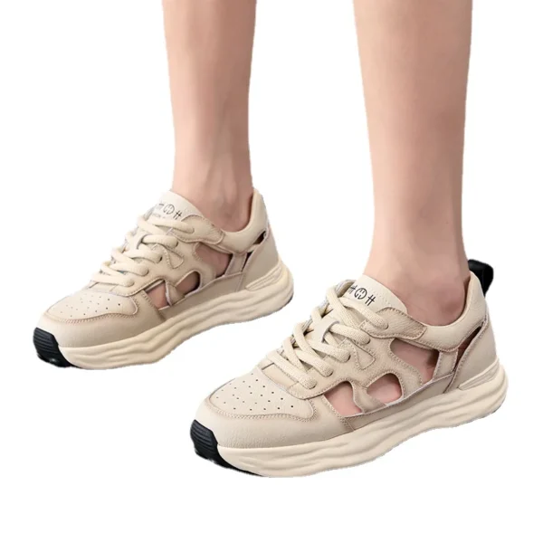 ZXRYXGS 2024 Popular Round Toe Lace-up Hollow Breathable Sneakers Sandals Flat Thick Sole Light Comfortable Women Trend Sandals - Image 3