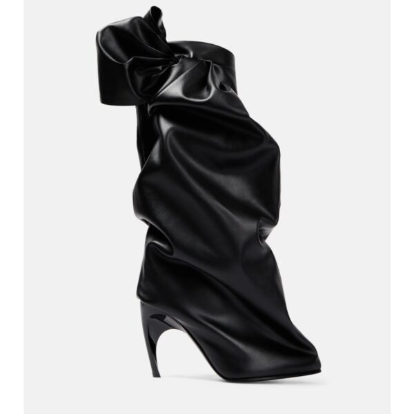 Black Bow Stitching Sleeve Pleated Special-shaped High Heel Women's Boots - Image 2