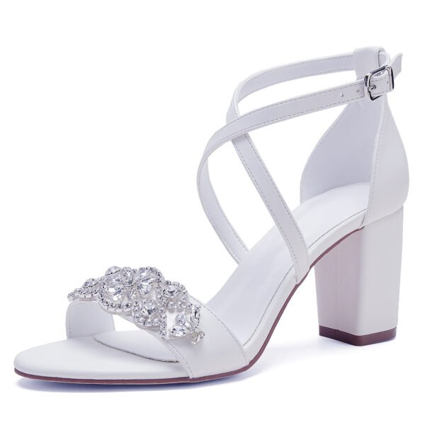 Women's High Heel White Classic Chunky Heel Shoes - Image 4