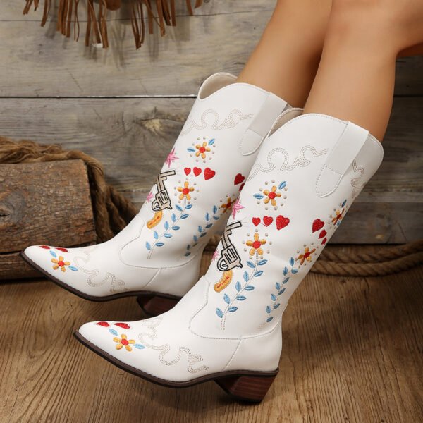 Women's Long Embroidered Chunky Heel High Leg Boot - Image 4