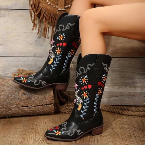 Women's Long Embroidered Chunky Heel High Leg Boot