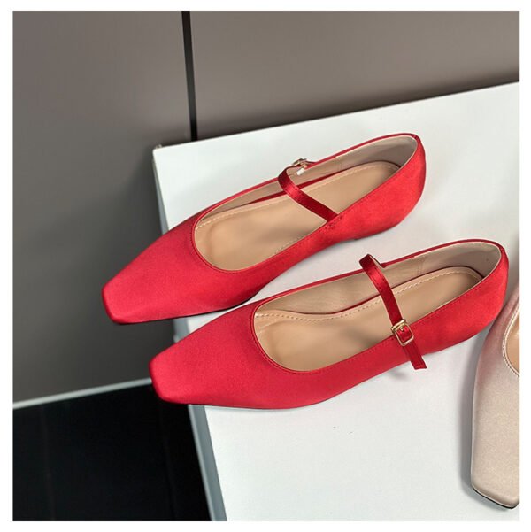 Women's Red Square Head Satin Surface Flat Bottom Ballet Shoes - Image 2