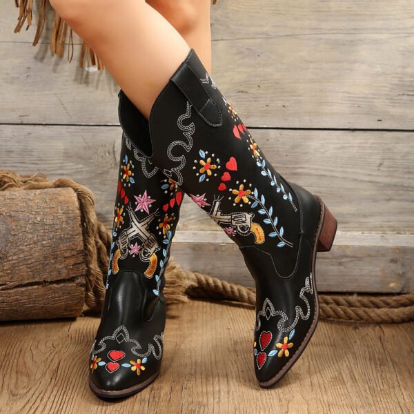 Women's Long Embroidered Chunky Heel High Leg Boot - Image 3