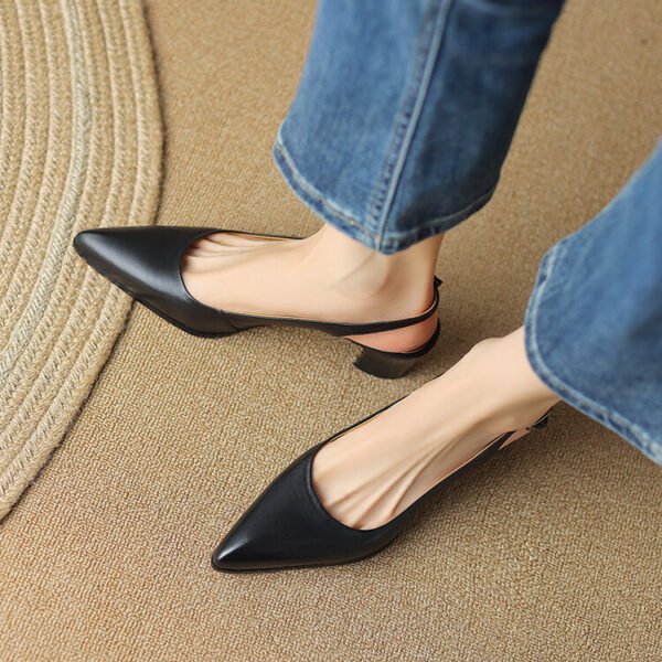 Women's French Style Coarse And Pointed Cowhide Mid Heeled Sandals - Image 4