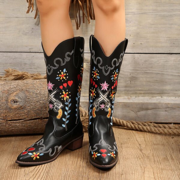 Women's Long Embroidered Chunky Heel High Leg Boot - Image 2