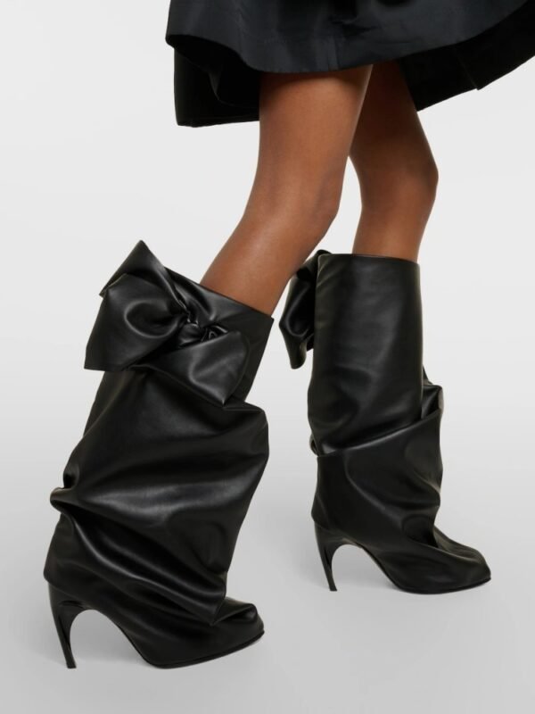 Black Bow Stitching Sleeve Pleated Special-shaped High Heel Women's Boots - Image 4