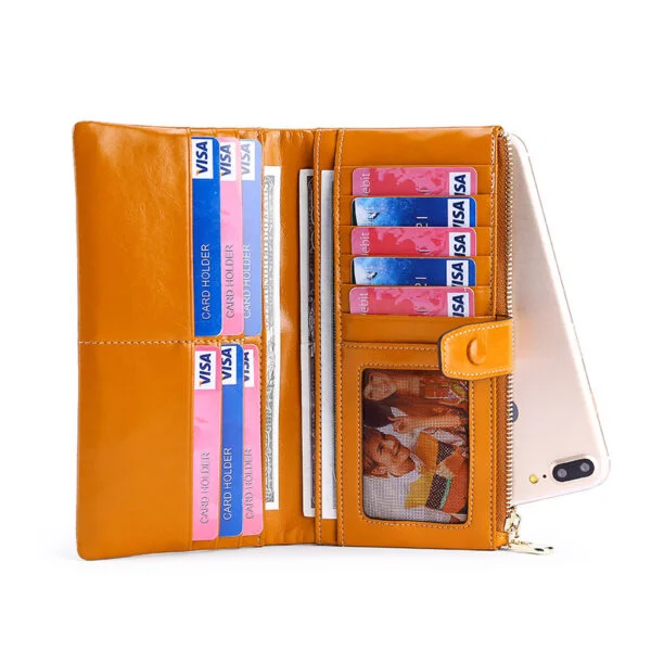 Women's Real Leather Long Multiple Card Slots Hand-held Retro Oil Wax Skin Coin Purse - Image 2