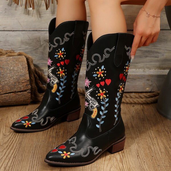 Women's Long Embroidered Chunky Heel High Leg Boot - Image 7