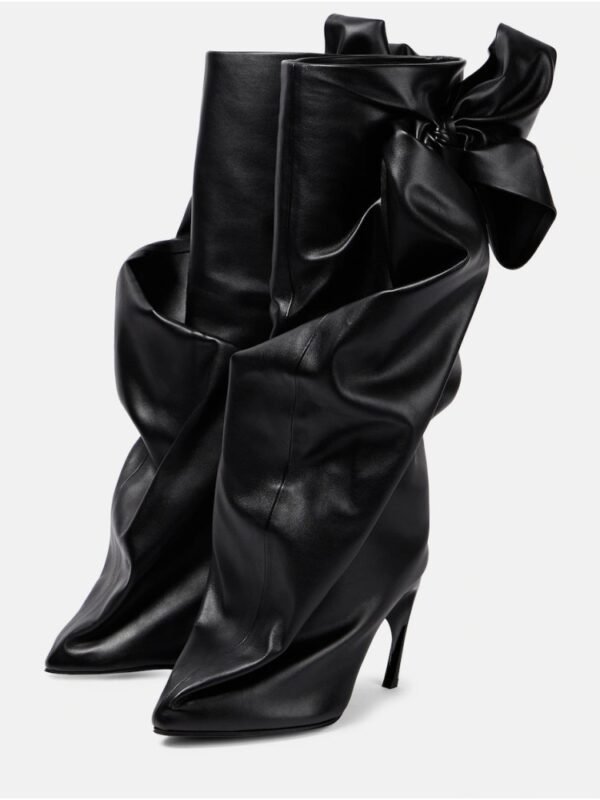 Black Bow Stitching Sleeve Pleated Special-shaped High Heel Women's Boots - Image 3